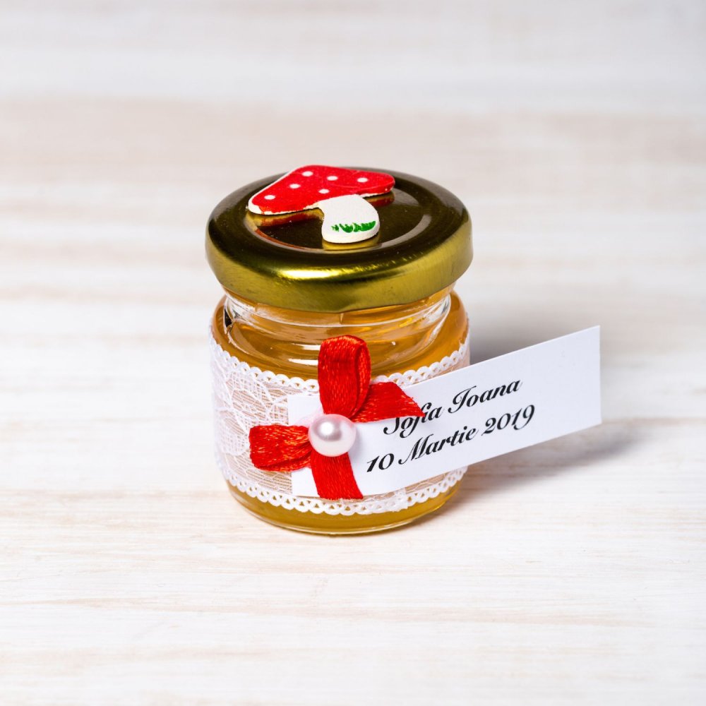 Marturii botez borcanele miere dantela alba si ciupercuta