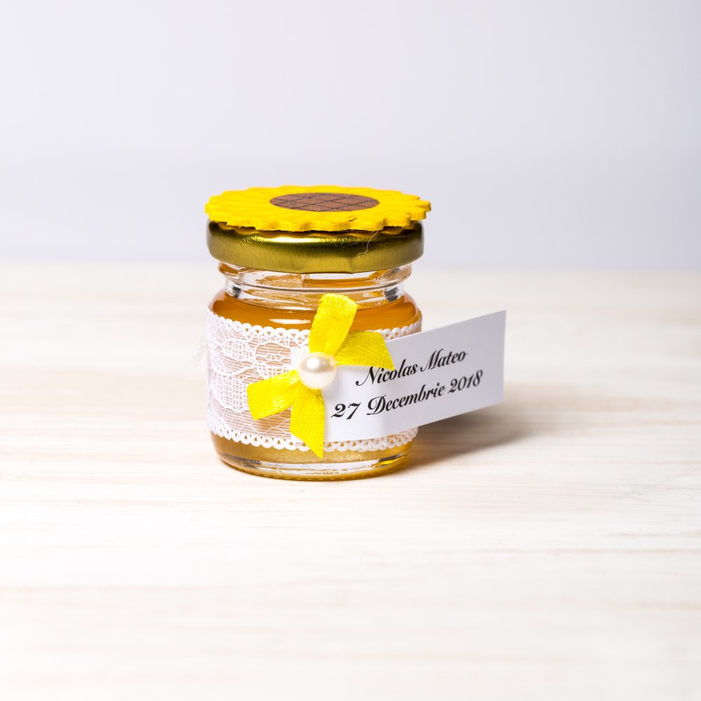 Marturii botez borcanele miere dantela alba si floarea-soarelui