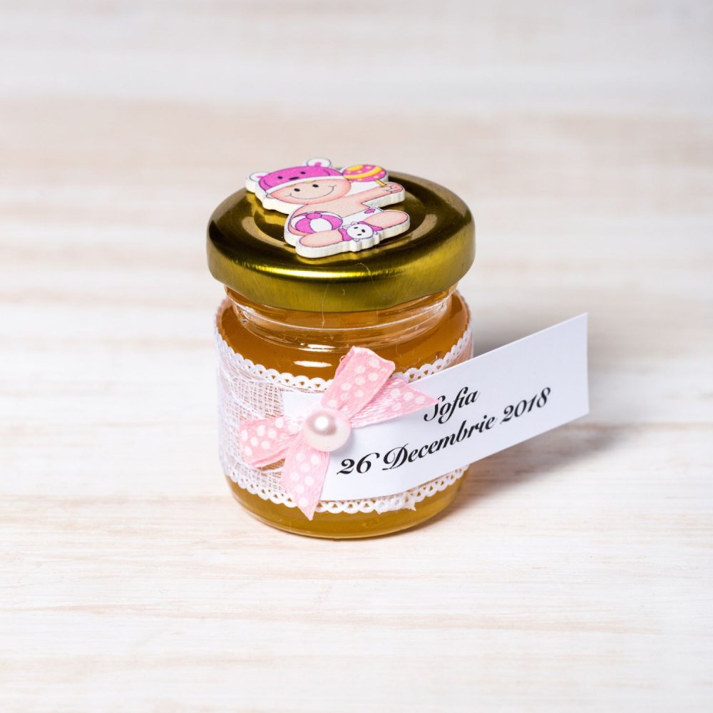 Marturii borcanele miere botez cu decor roz si bebelus vesel