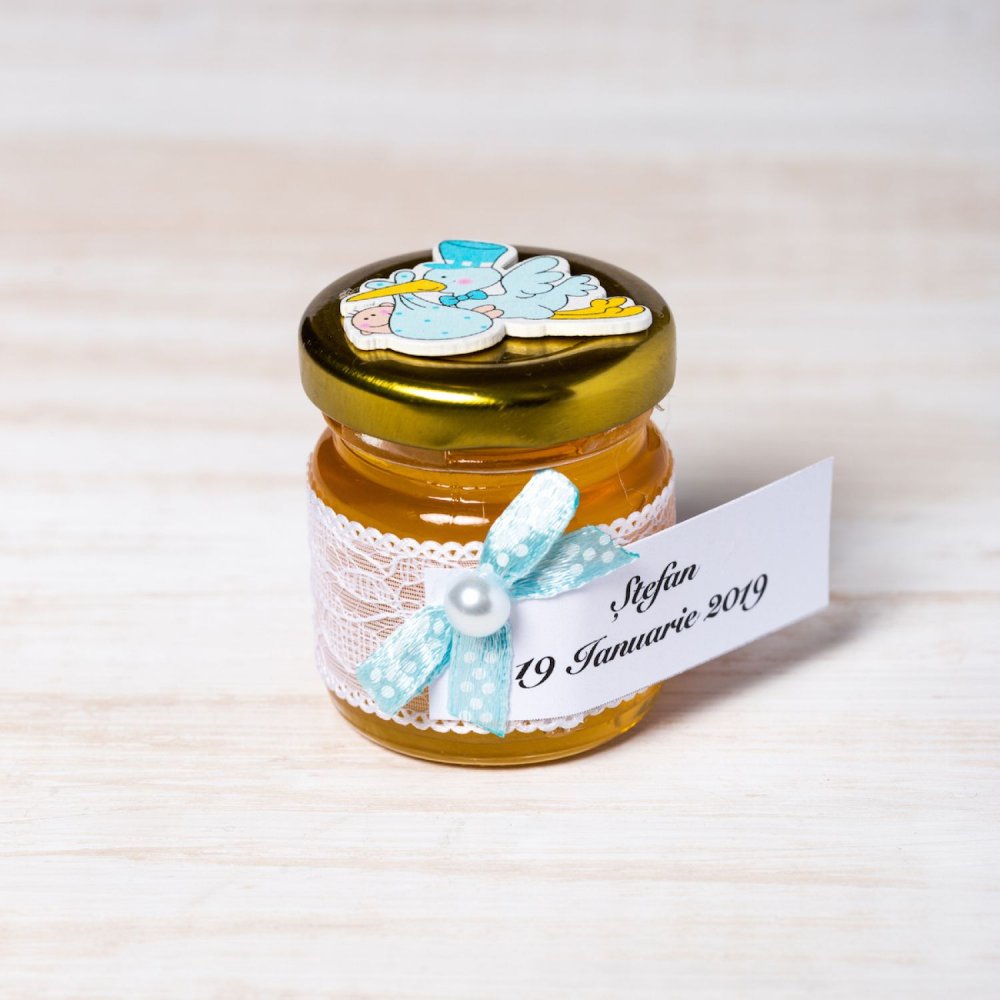 Marturii botez borcanele miere cu barza bleu