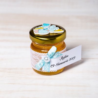 Marturii botez borcanele miere cu barza bleu