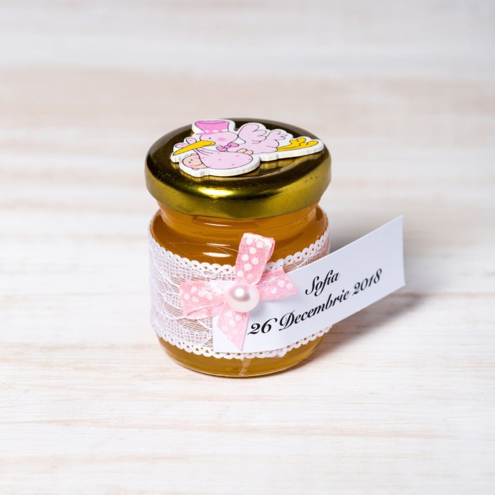 Marturii botez borcanele miere cu barza roz