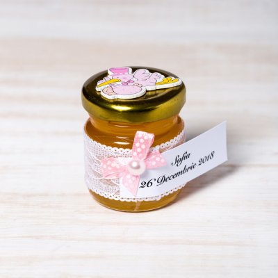 Marturii botez borcanele miere cu barza roz