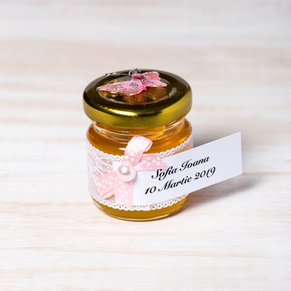 Marturii botez borcanele miere cu fluture roz