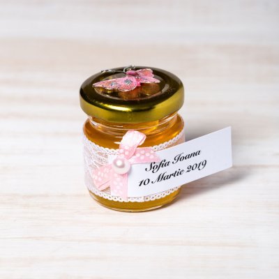 Marturii botez borcanele miere cu fluture roz