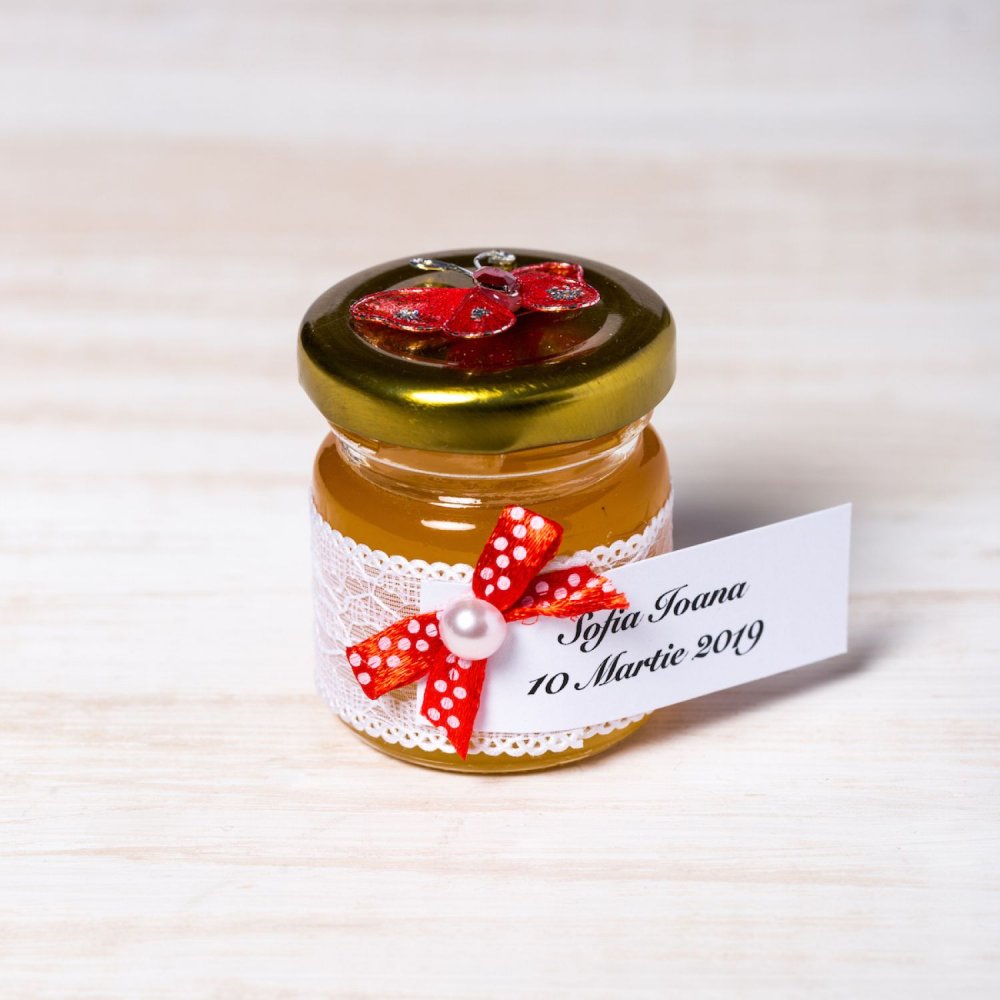 Marturii botez borcanele miere cu fluture rosu