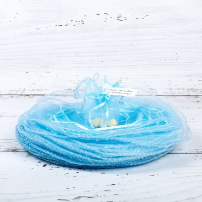 Marturii nunta saculeti rotunzi bleu cu fir argintiu
