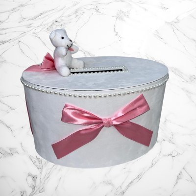 Cutie de dar fetite cu ursulet si funda roz prafuit