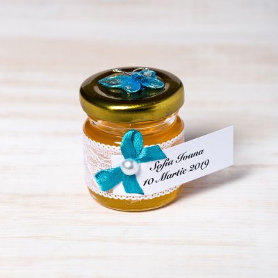 Marturii borcanele miere nunta cu fluture turcoaz