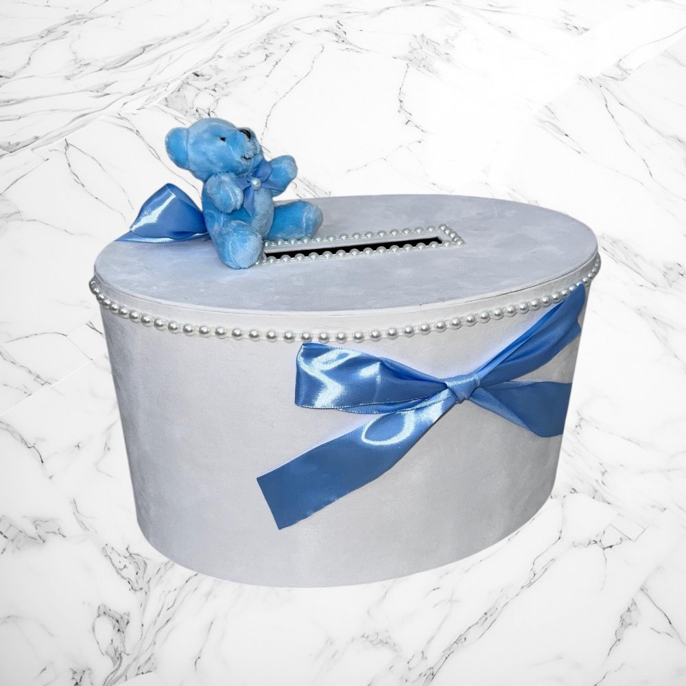 Cutie de dar baieti cu ursulet si funda bleu