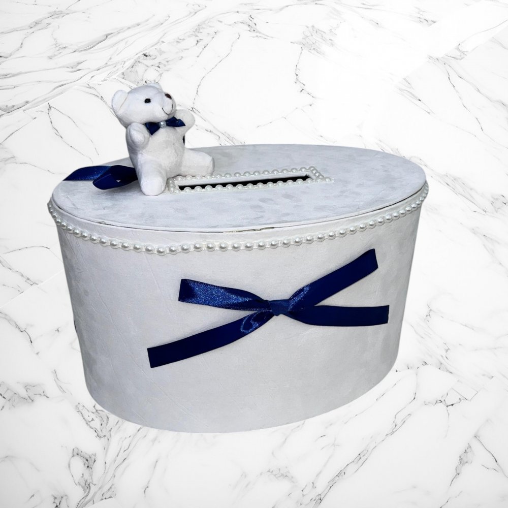 Cutie de dar cu ursulet si fundite bleumarin
