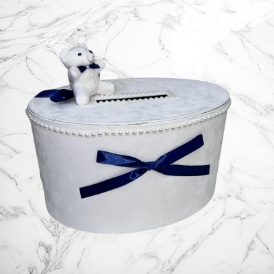 Cutie de dar cu ursulet si fundite bleumarin