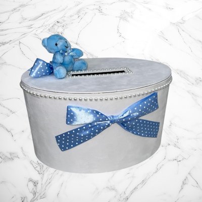 Cutie de dar baieti ursulet bleu cu funde bleu si buline albe