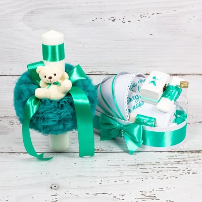 Set trusou botez si lumanare verde menta