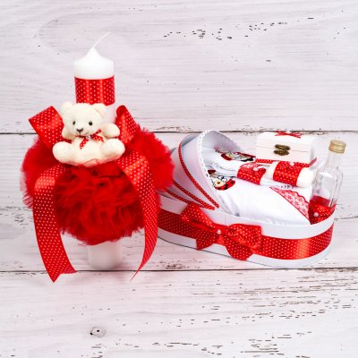 Set botez lumanare si trusou cu gargarita rosu cu buline in landou