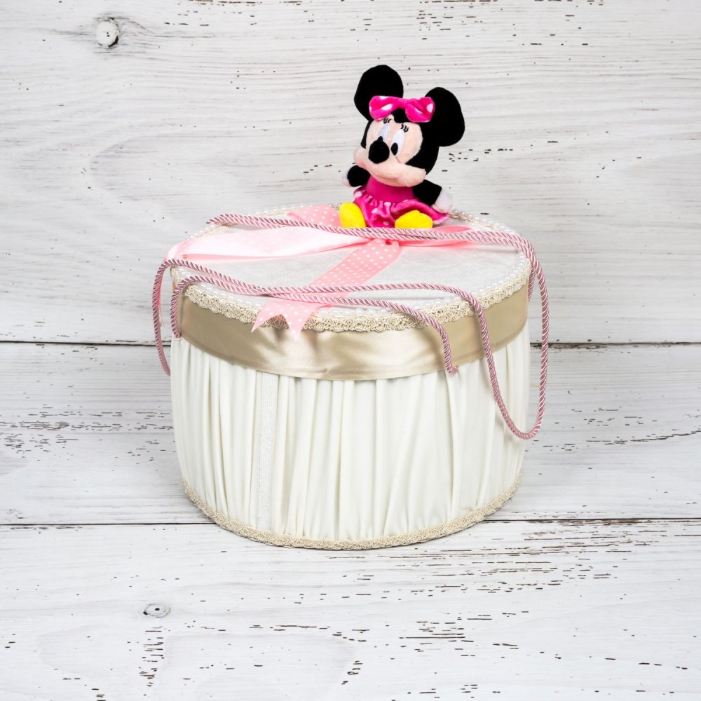 Cutie trusou botez Minnie Mouse cu fundita roz si buline albe