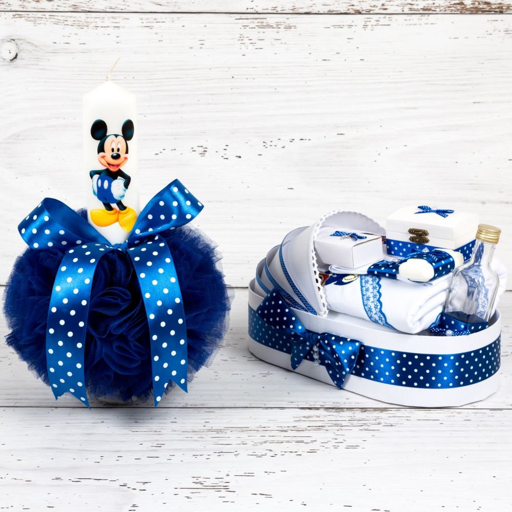 Set botez Mickey Mouse lumanare si trusou biserica decor albastru cu buline in landou