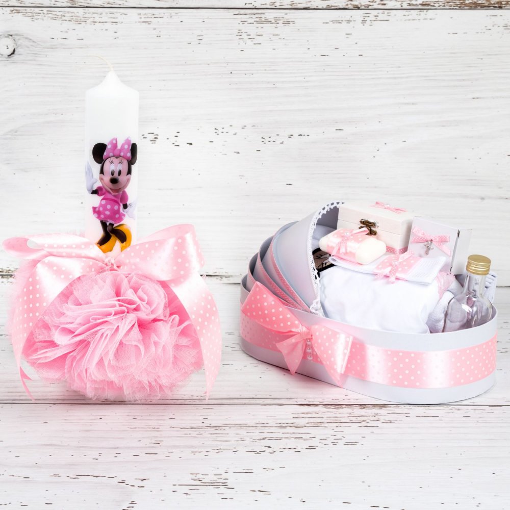 Set botez lumanare roz cu buline si trusou Minnie Mouse in landou