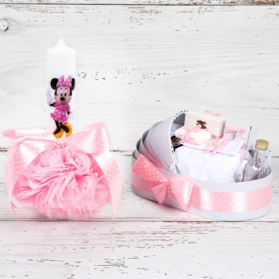 Set botez lumanare roz cu buline si trusou Minnie Mouse in landou