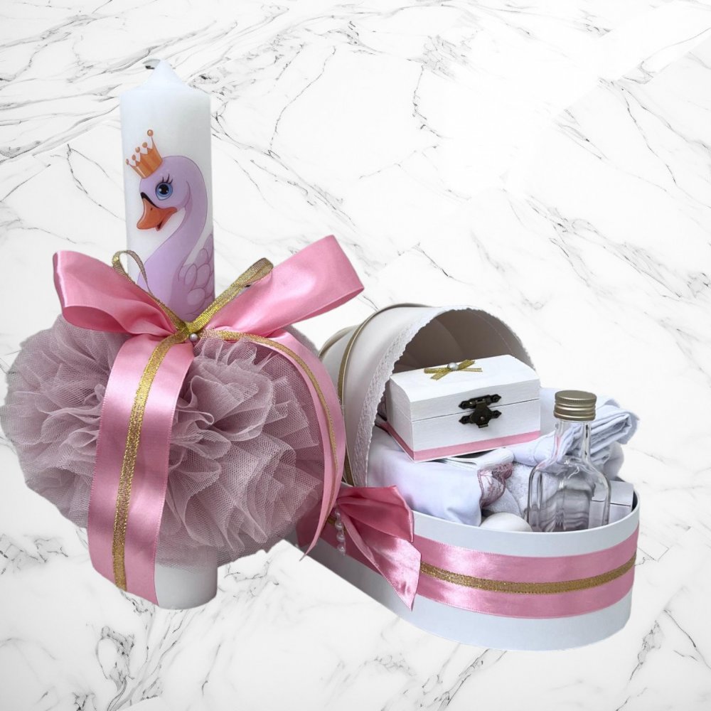 Set lumanare si trusou botez in landou cu decor lebada