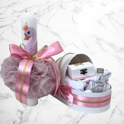 Set lumanare si trusou botez in landou cu decor lebada
