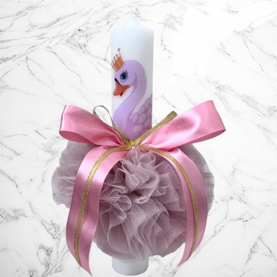 Lumanare botez lebada cu decor roz pudra