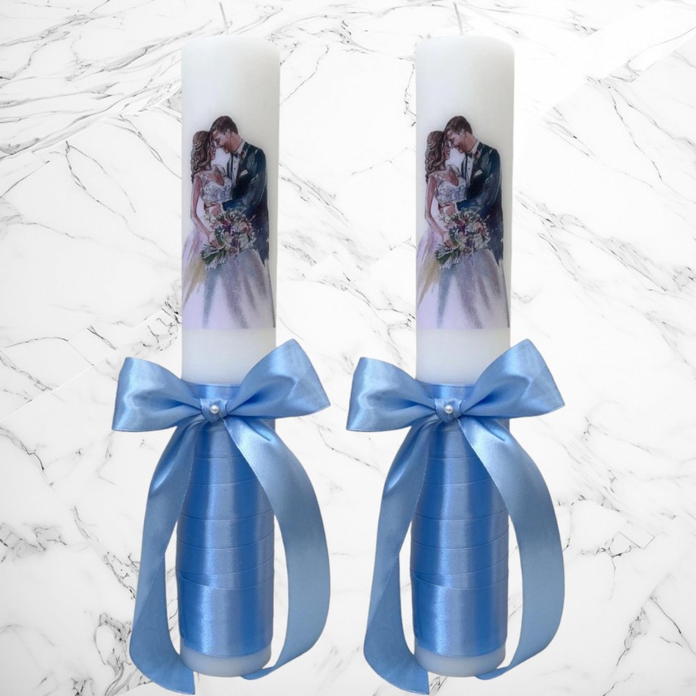 Set lumanari nunta miri pictati cu decor bleu