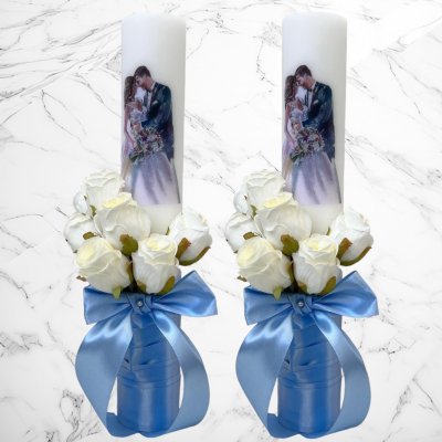 Set lumanari nunta miri pictati cu decor bleu