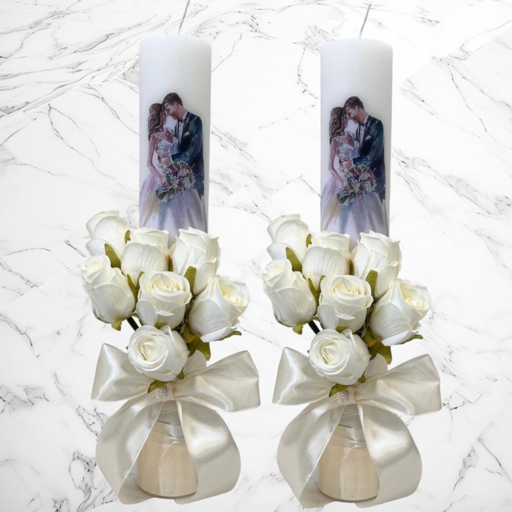 Set lumanari nunta miri pictati cu decor ivory