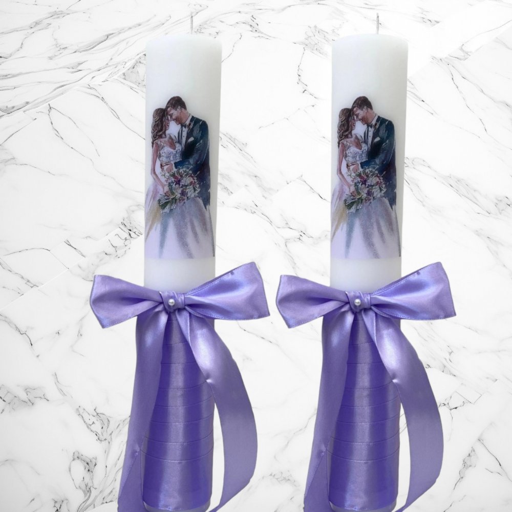 Set lumanari nunta miri pictati cu decor lila