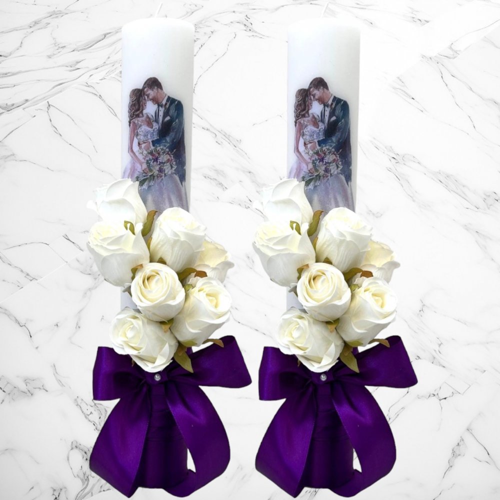 Set lumanari nunta miri pictati cu decor mov