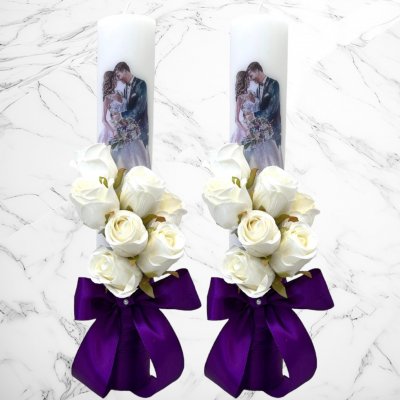 Set lumanari nunta miri pictati cu decor mov