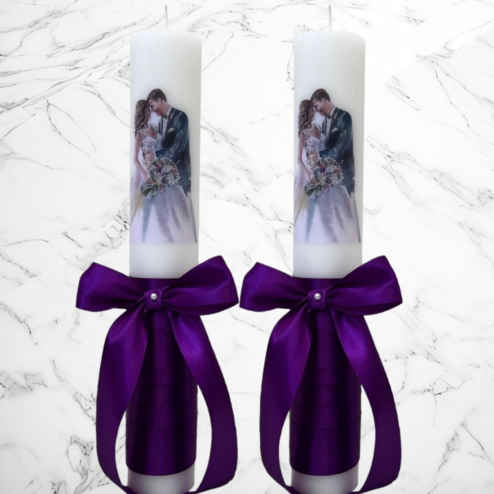 Set lumanari nunta miri pictati cu decor mov