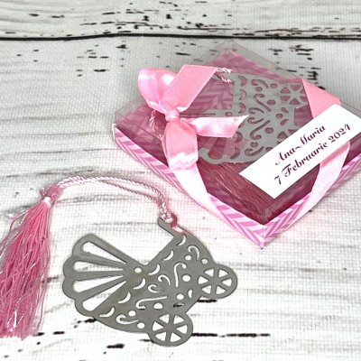 Marturii botez semn de carte carucior roz