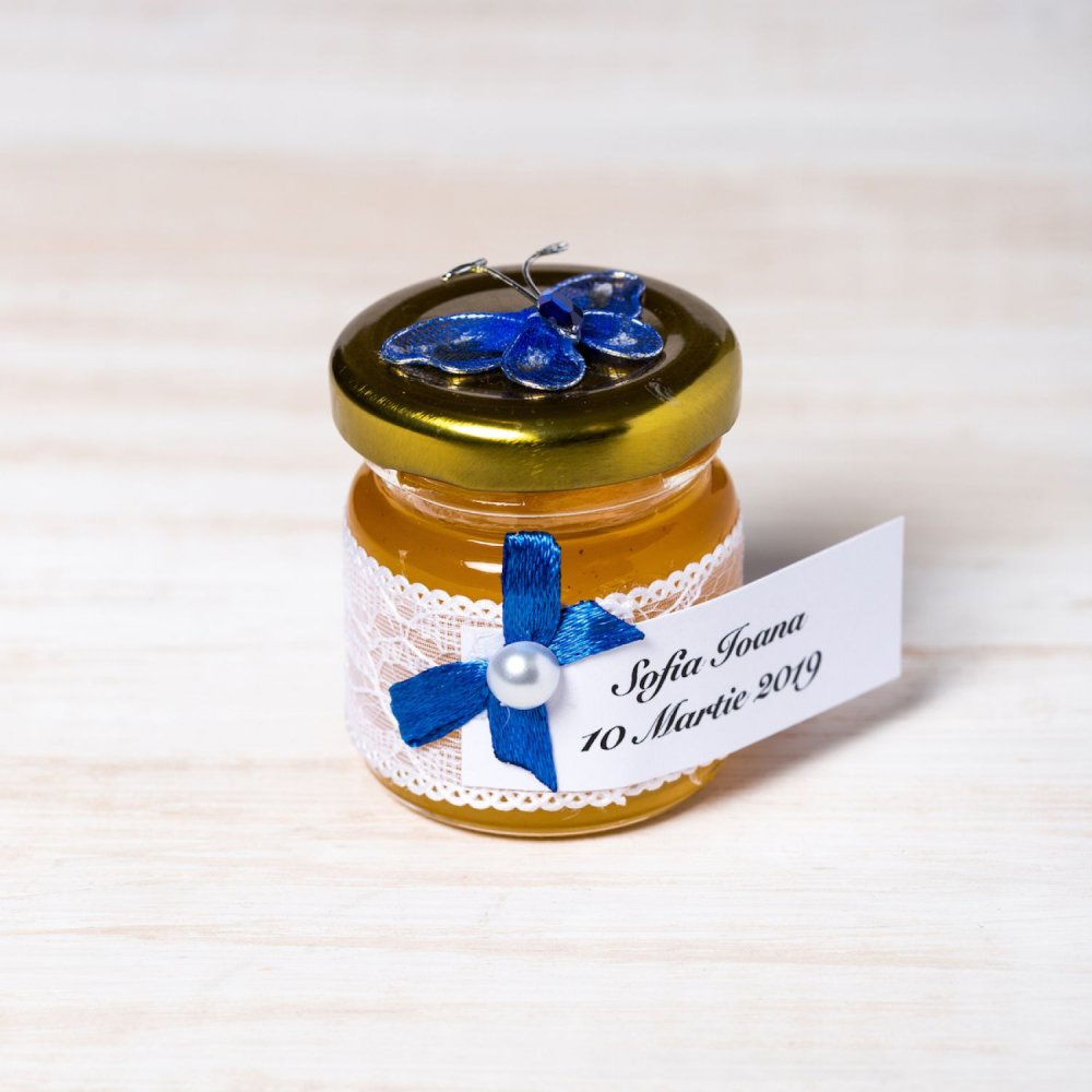 Marturii borcanele miere botez fluture albastru