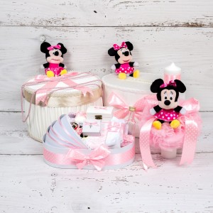 Set cutie de dar, cutie hainute, trusou si lumanare botez Minnie Mouse