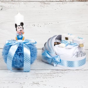 Set botez Baby Mickey Mouse lumanare si trusou biserica decor bleu cu buline in landou