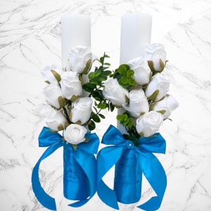 Set lumanari nunta cu trandafiri albi si decor turcoaz