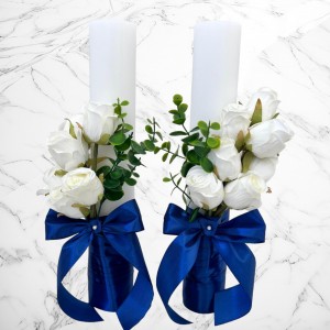 Set lumanari nunta cu trandafiri ivory si decor bleumarin