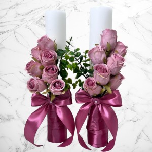 Set lumanari nunta cu trandafiri roz pudra si decor roz pudra