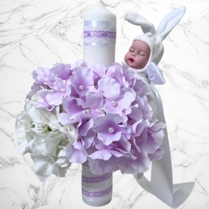 Lumanare botez hortensii lila si bebelus