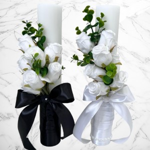 Set lumanari nunta cu trandafiri albi si decor alb si negru